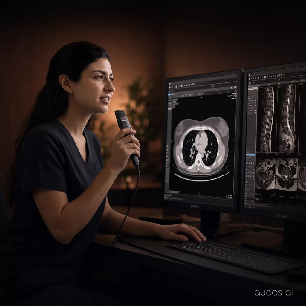 Radiologista ditando um laudo em sala de leitura