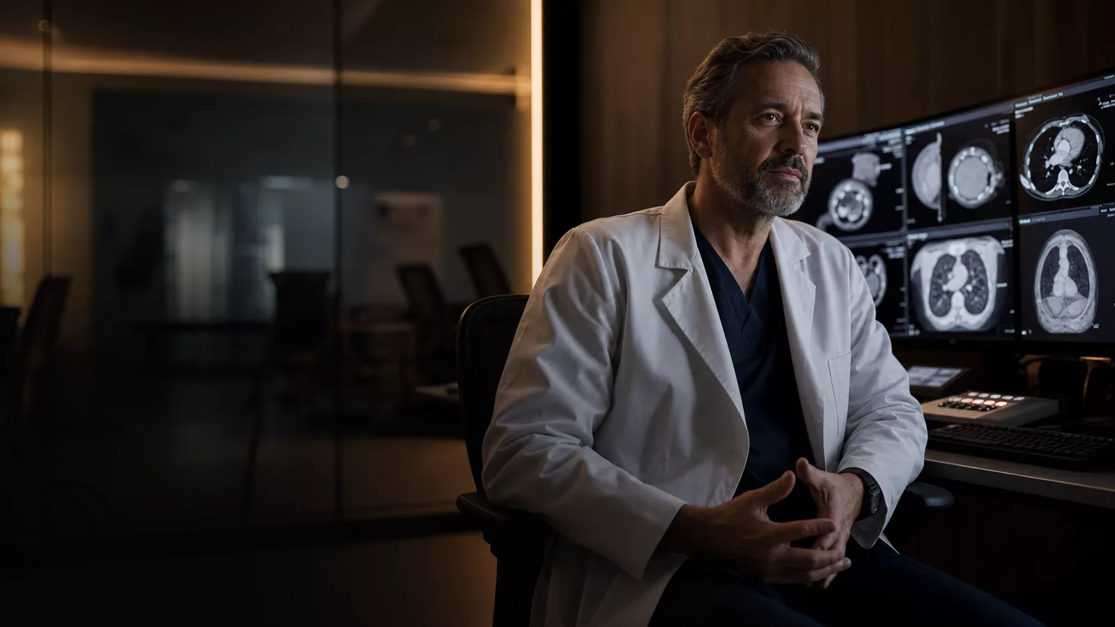 Radiologista em conversa ao lado de monitores de imagem